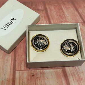 KRISA Greece Earrings Classical Clip On Silver Gold Greek Athena Goddess Coin